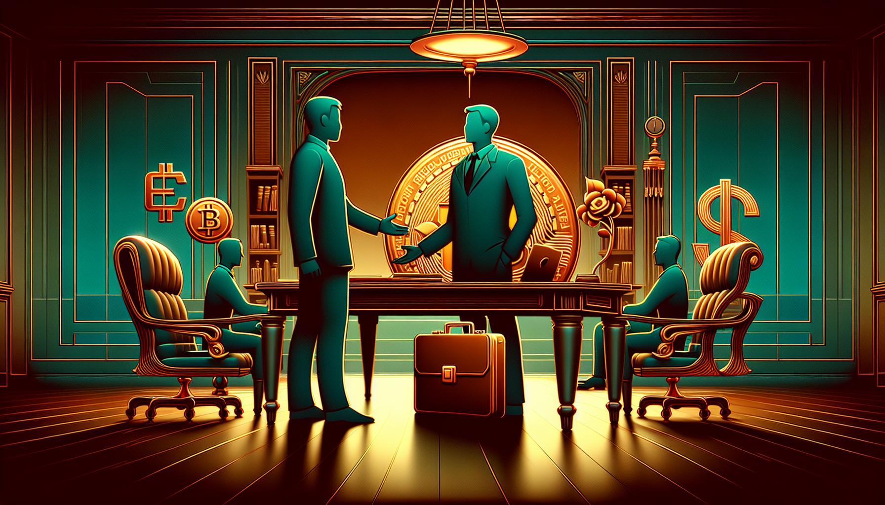 Two business figures shaking hands at a desk