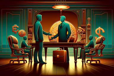 Two business figures shaking hands at a desk