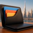 A black wallet with colored cards inside, city