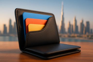 A black wallet with colored cards inside, city
