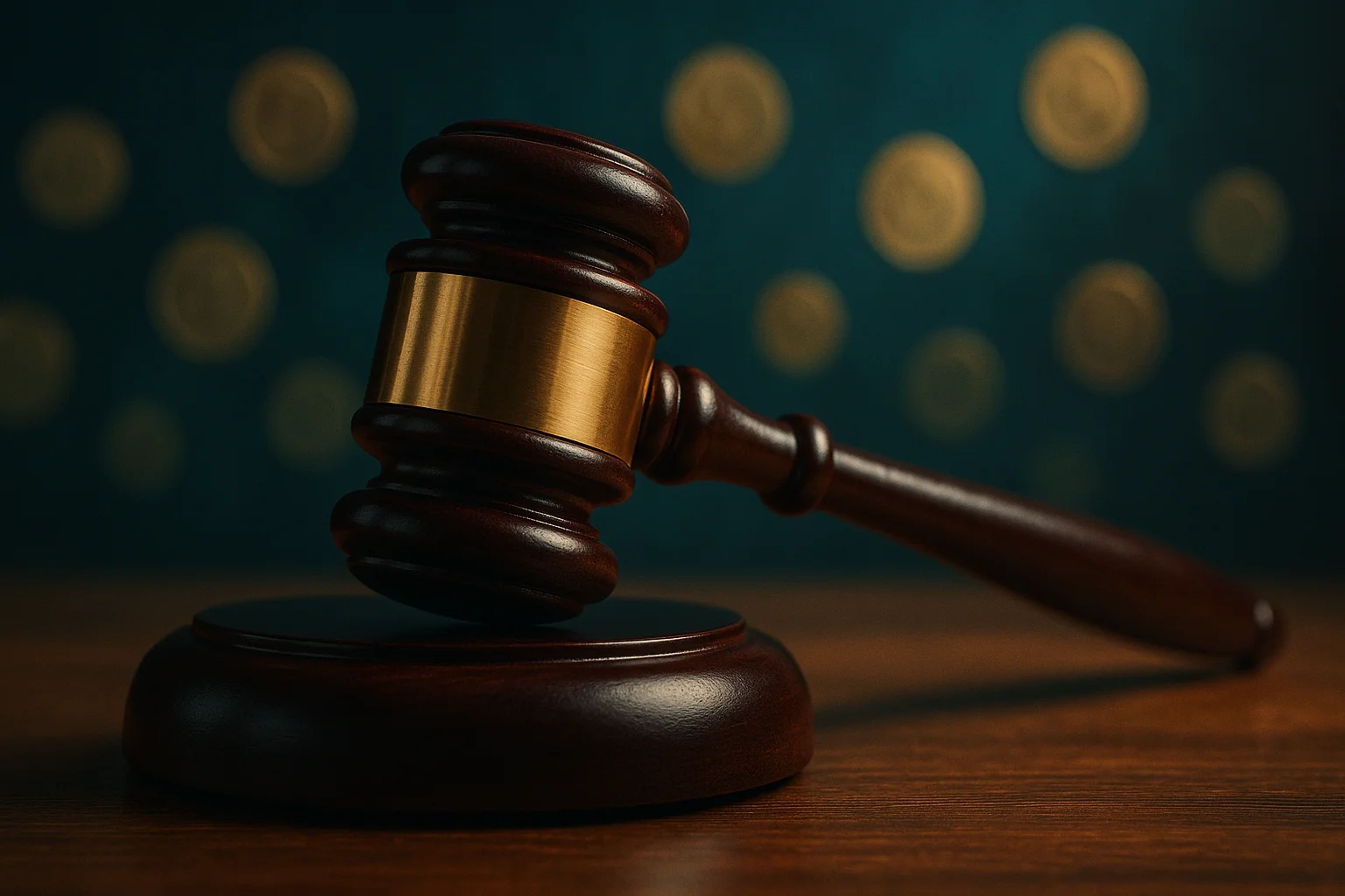 A wooden gavel resting on a circular base with a