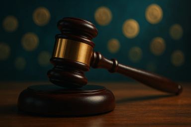 A wooden gavel resting on a circular base with a