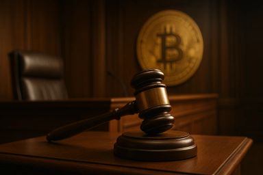 A wooden gavel on a desk in a courtroom