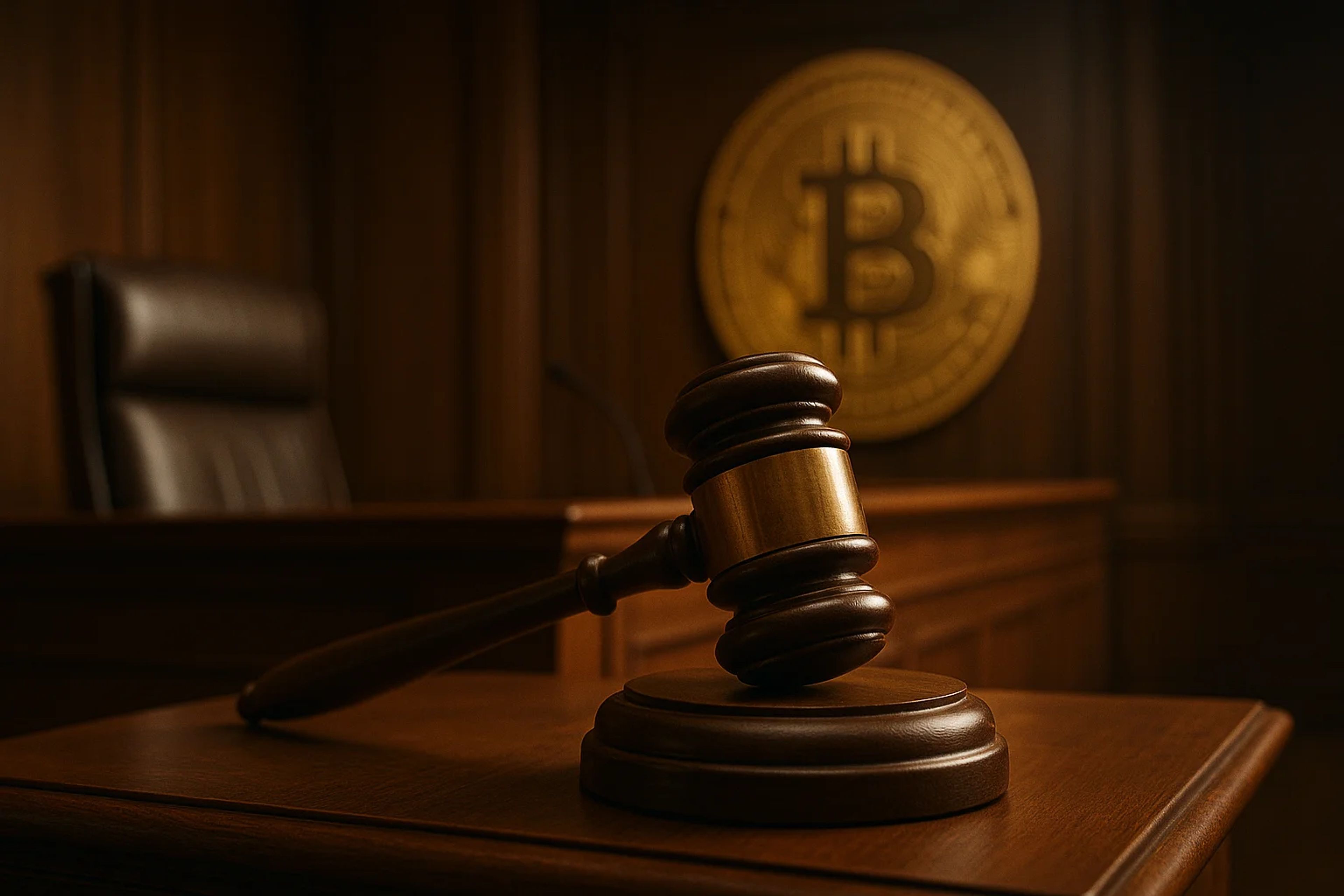 A wooden gavel on a desk in a courtroom