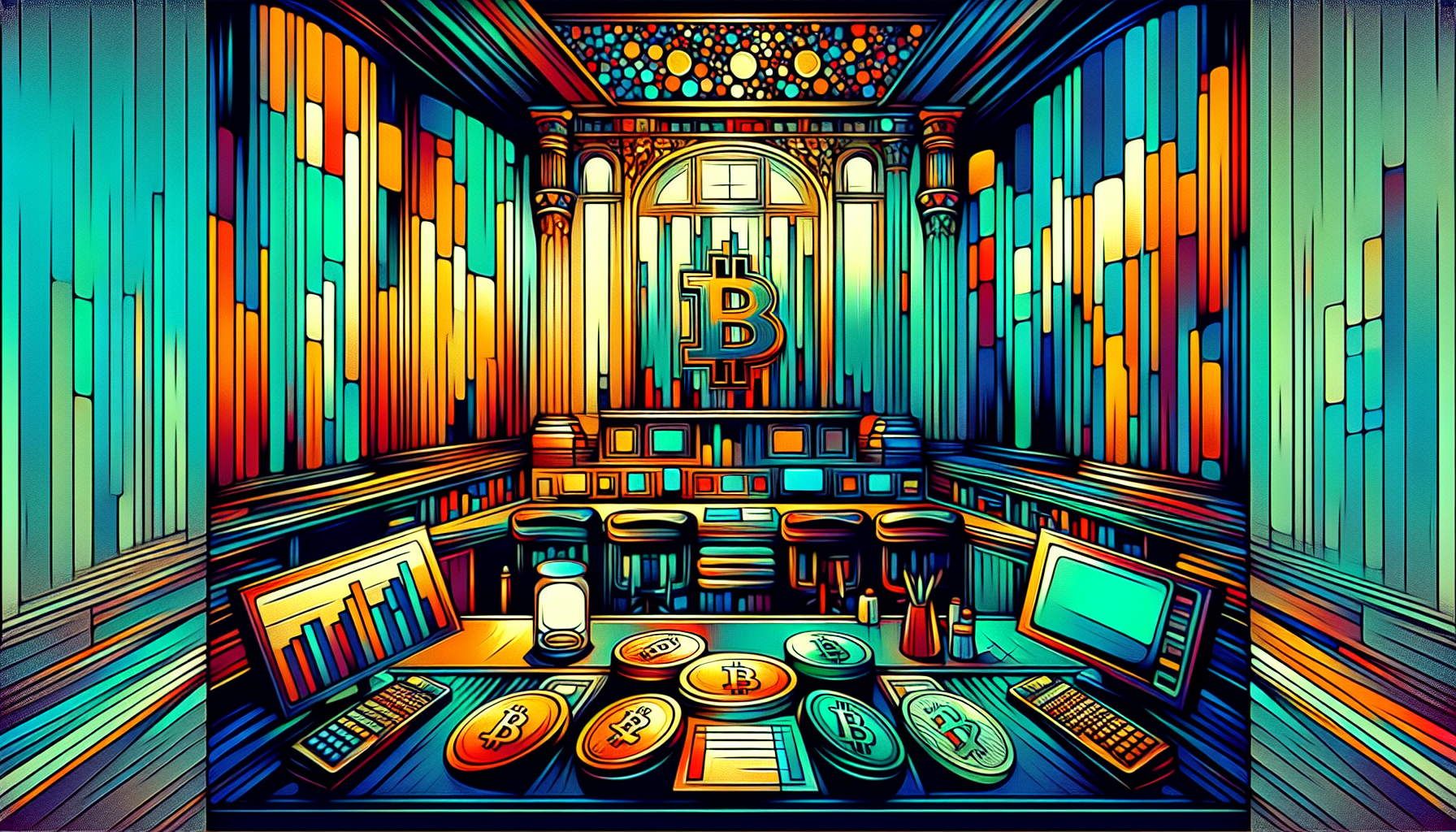 A colorful, stylized room with cryptocurrency