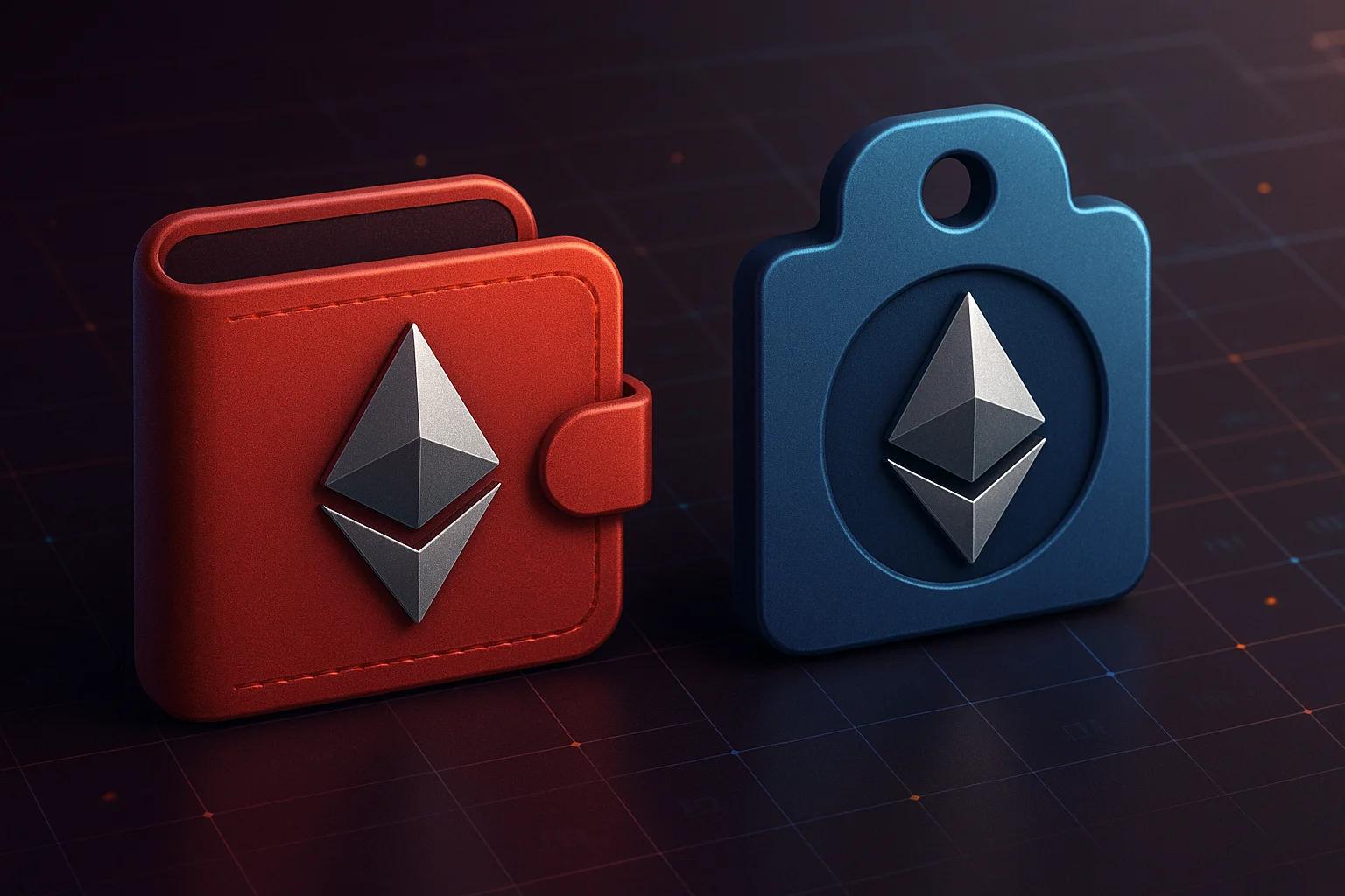 A red wallet and a blue tag, both featuring a