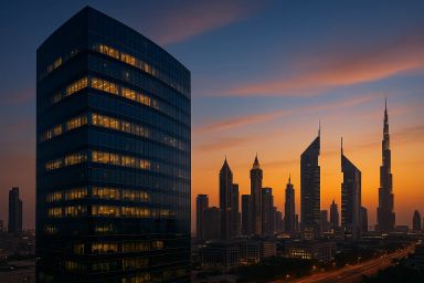 City skyline at sunset with modern skyscrapers
