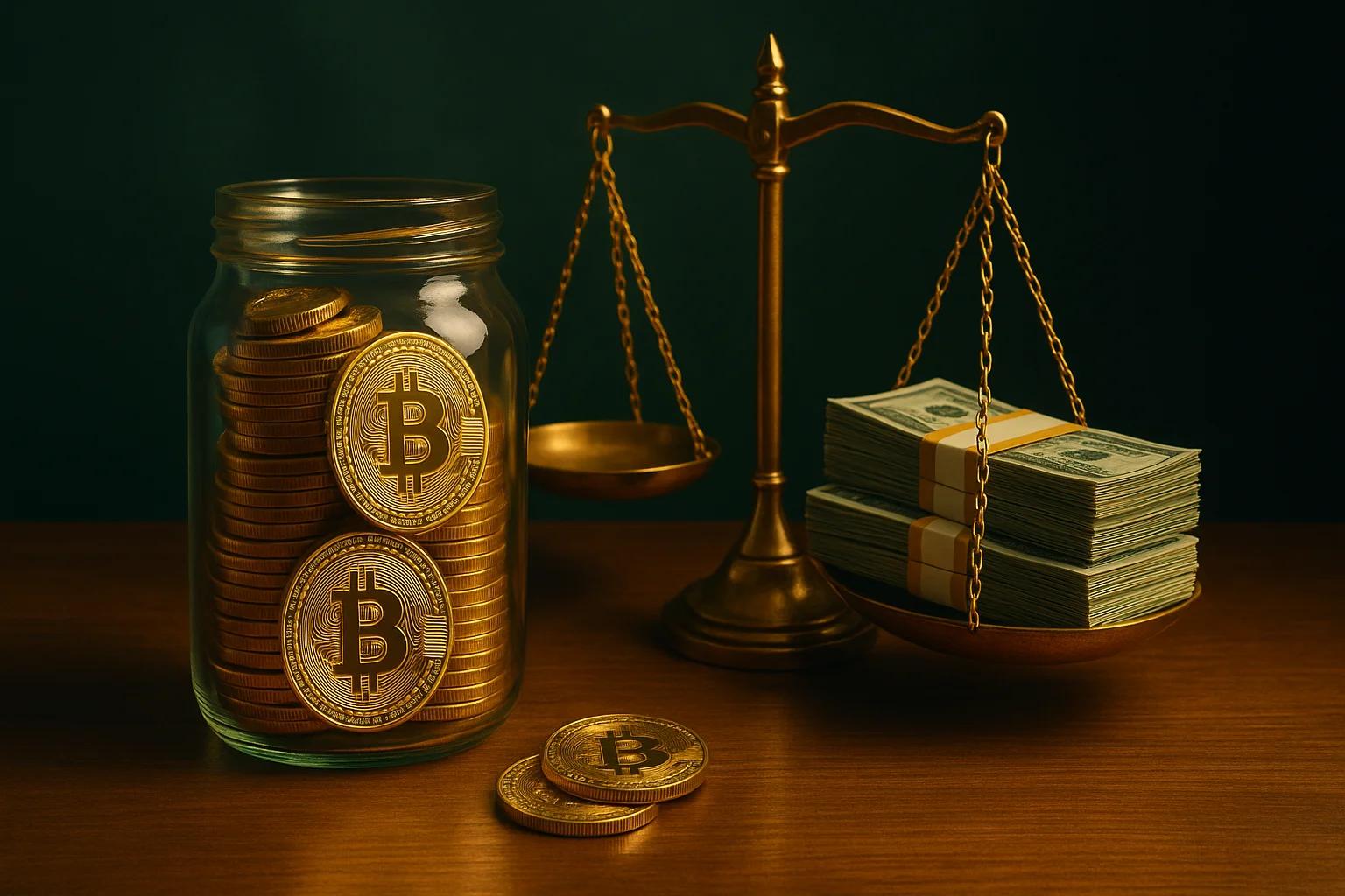 A jar filled with gold Bitcoin coins next to a