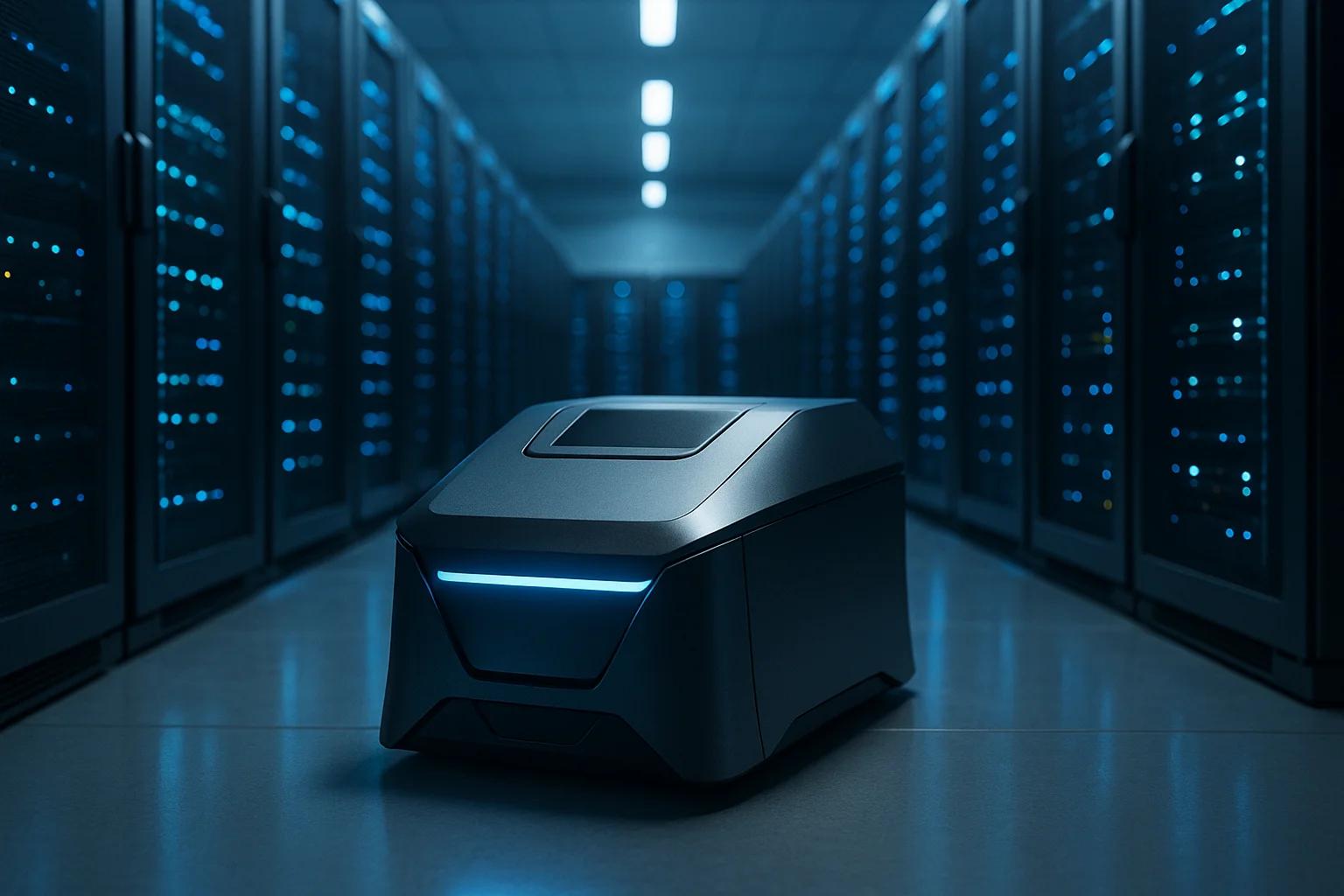 A sleek, dark robotic device in a server room