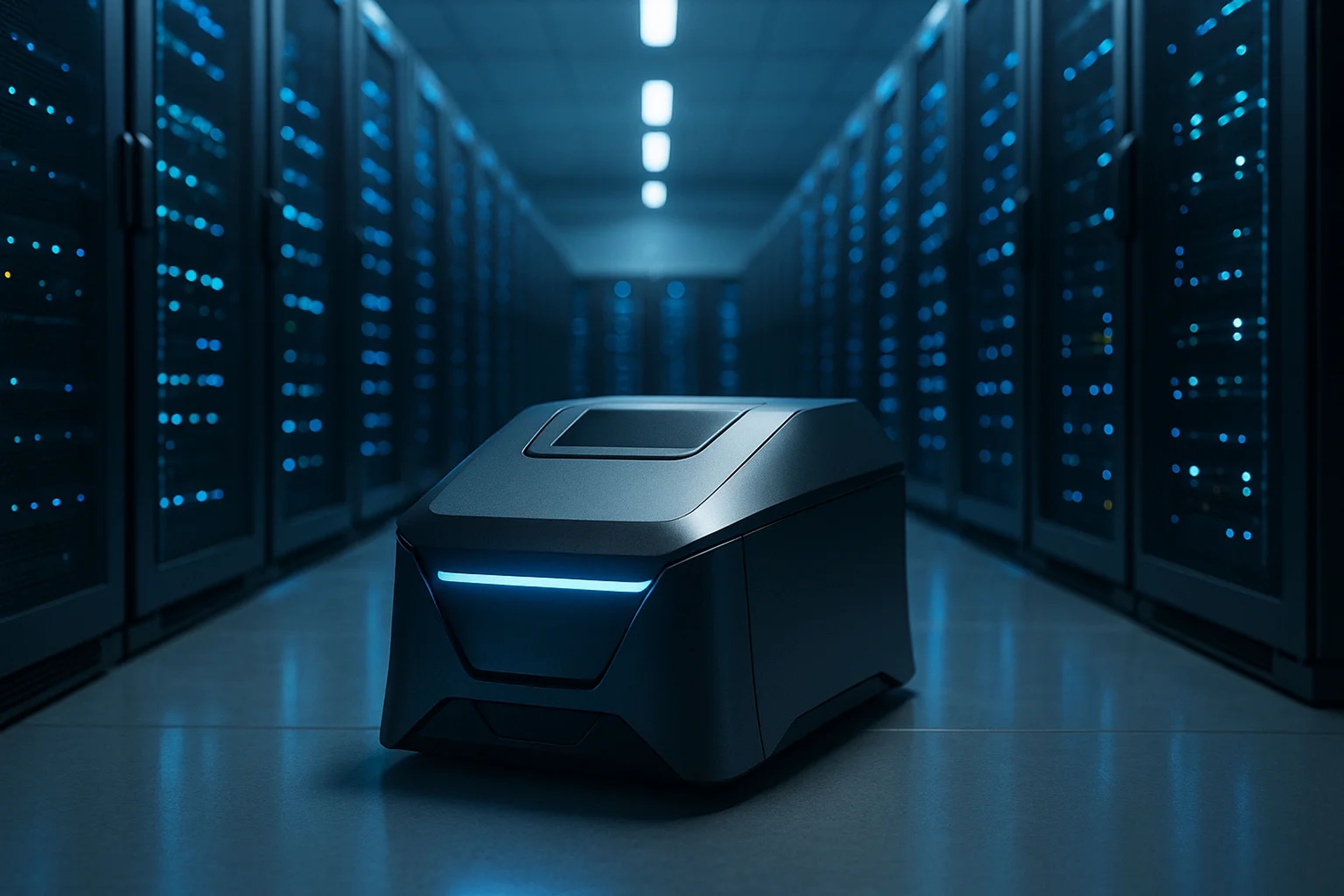A sleek, dark robotic device in a server room