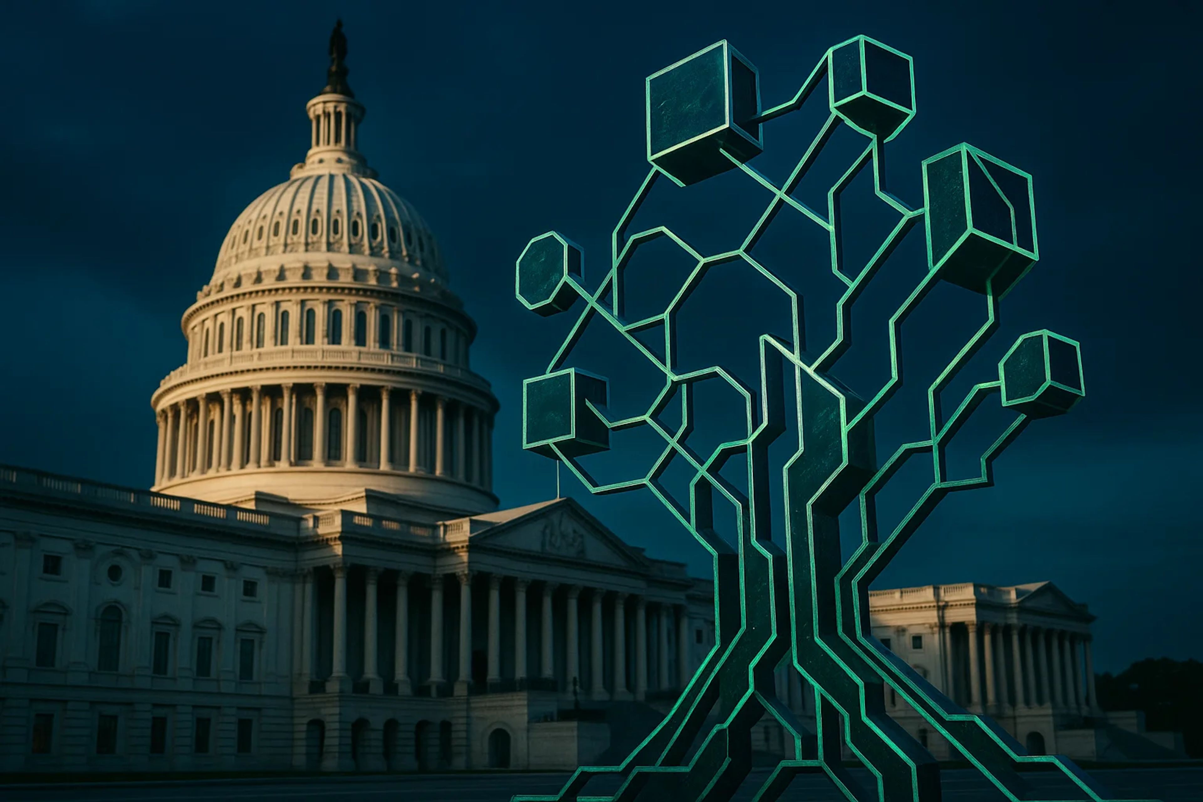 A stylized tree sculpture in front of a dome