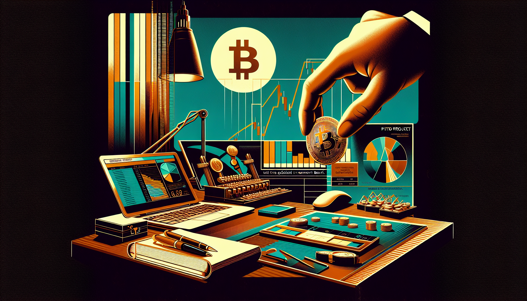 A hand holding a Bitcoin above a desk with a