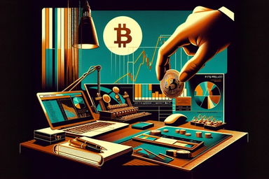 A hand holding a Bitcoin above a desk with a