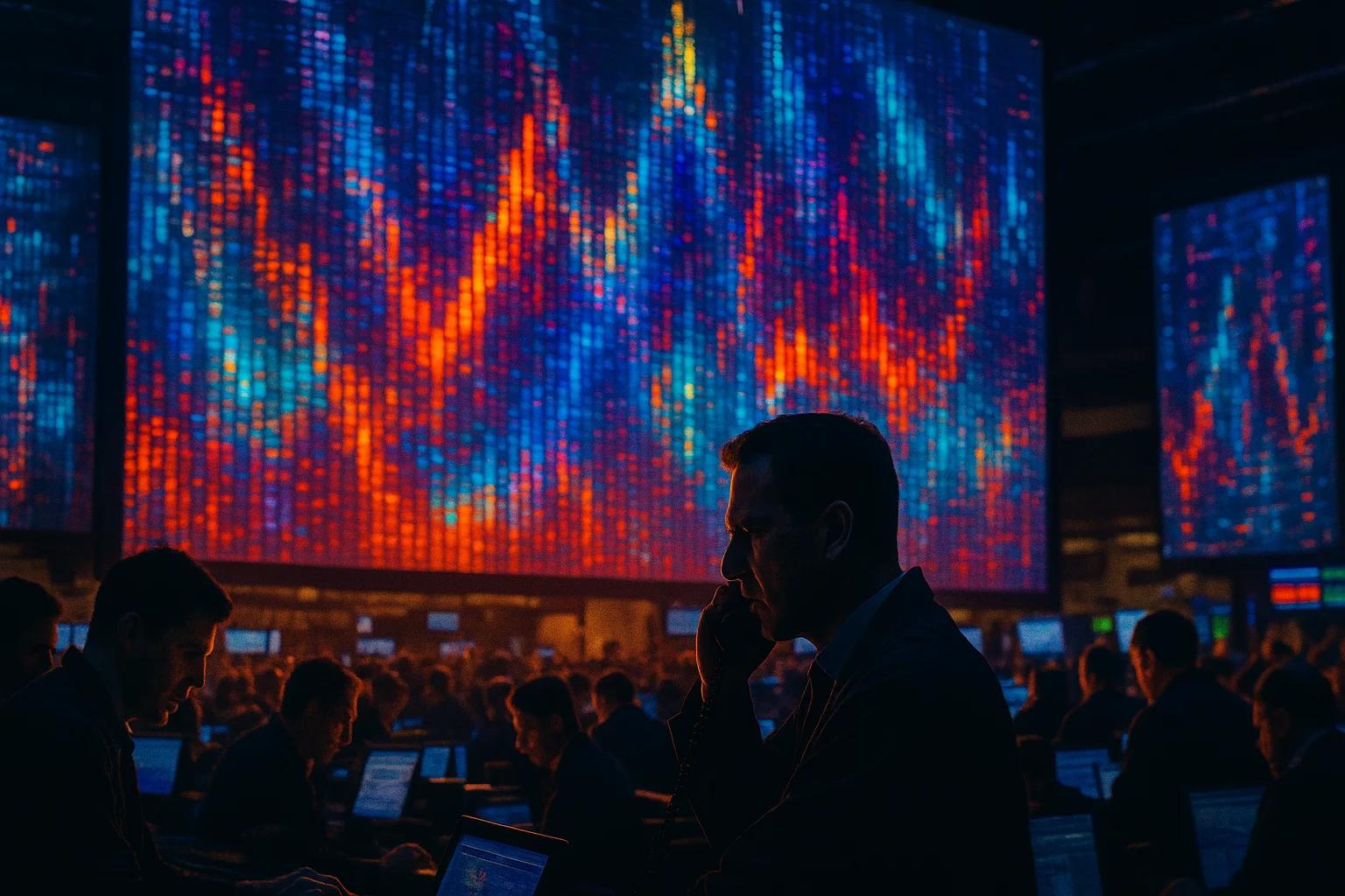 Silhouetted figures in a trading room with