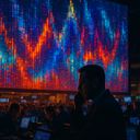 Silhouetted figures in a trading room with