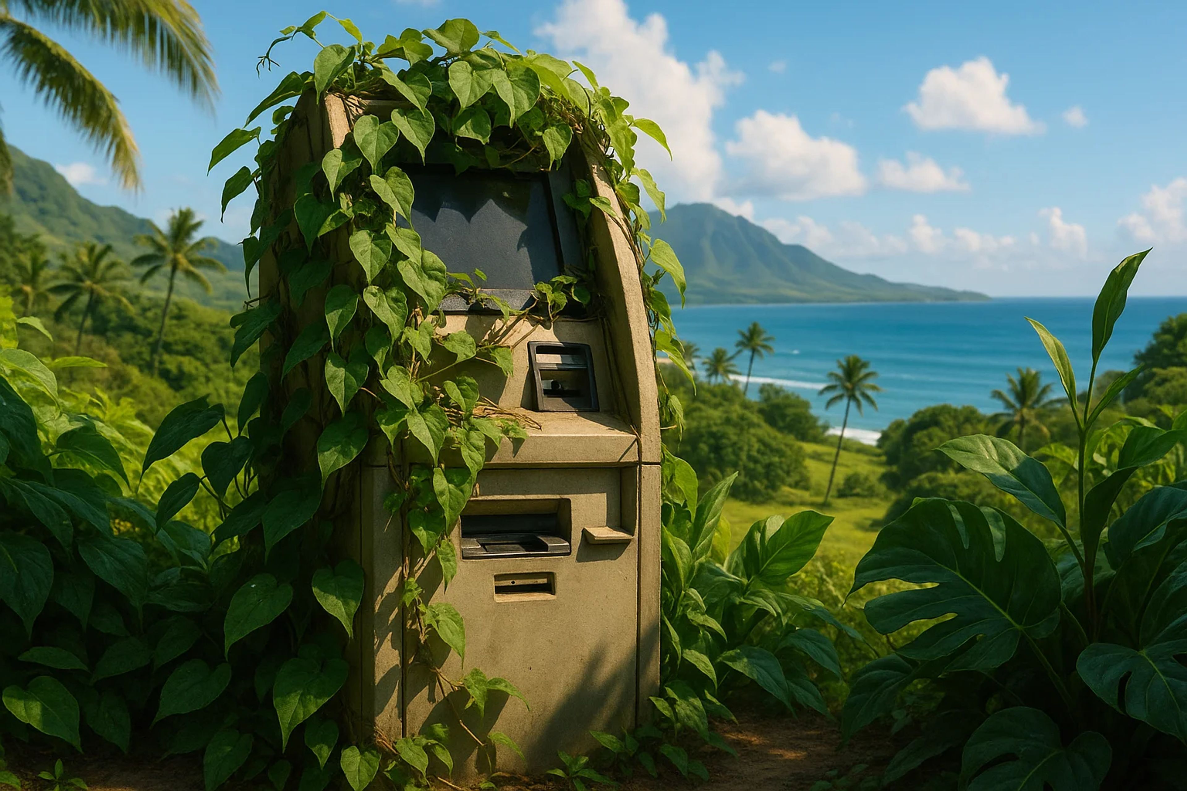An ATM covered in green vines near a beach