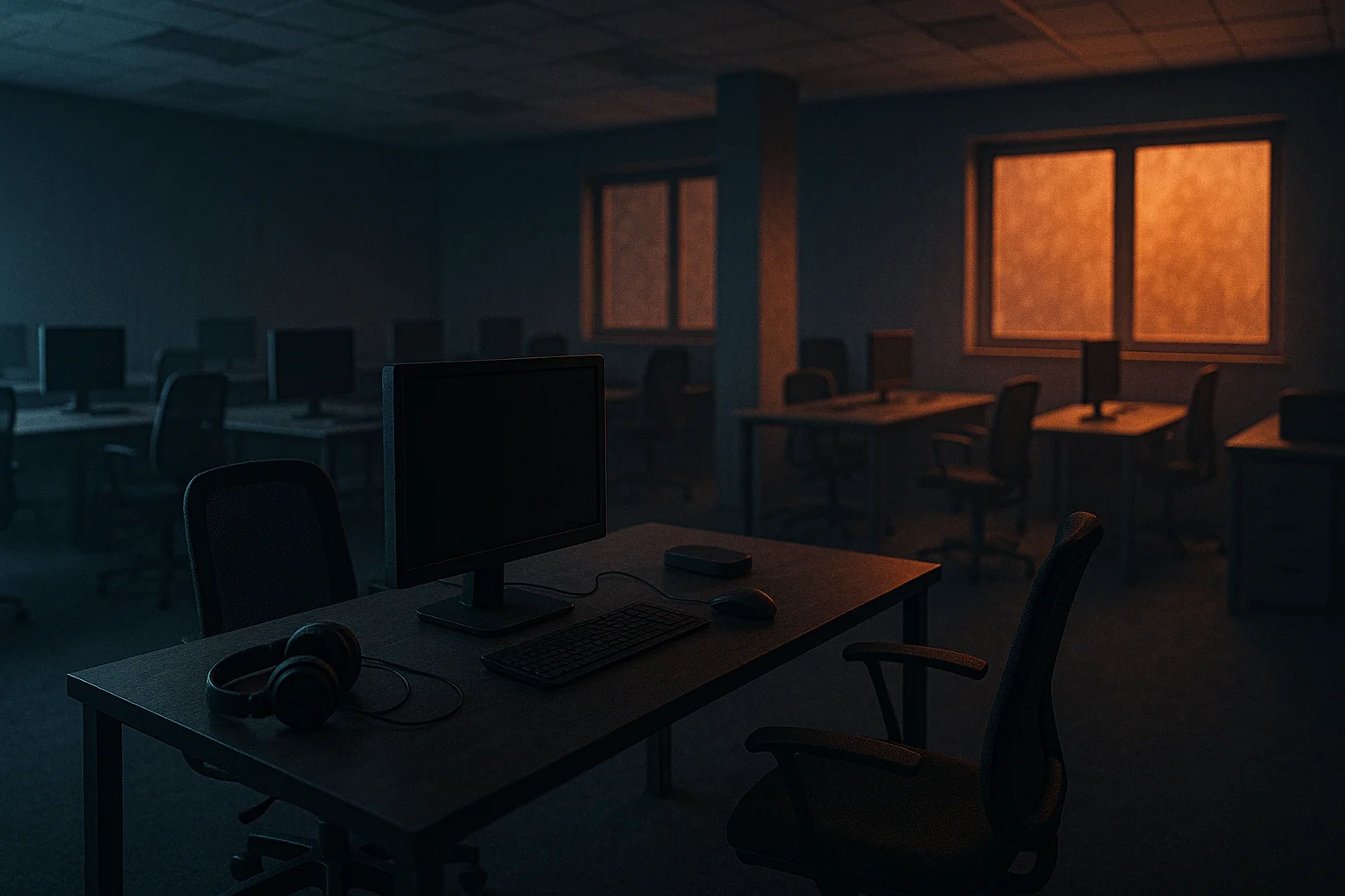 Dimly lit office with empty desks and computers
