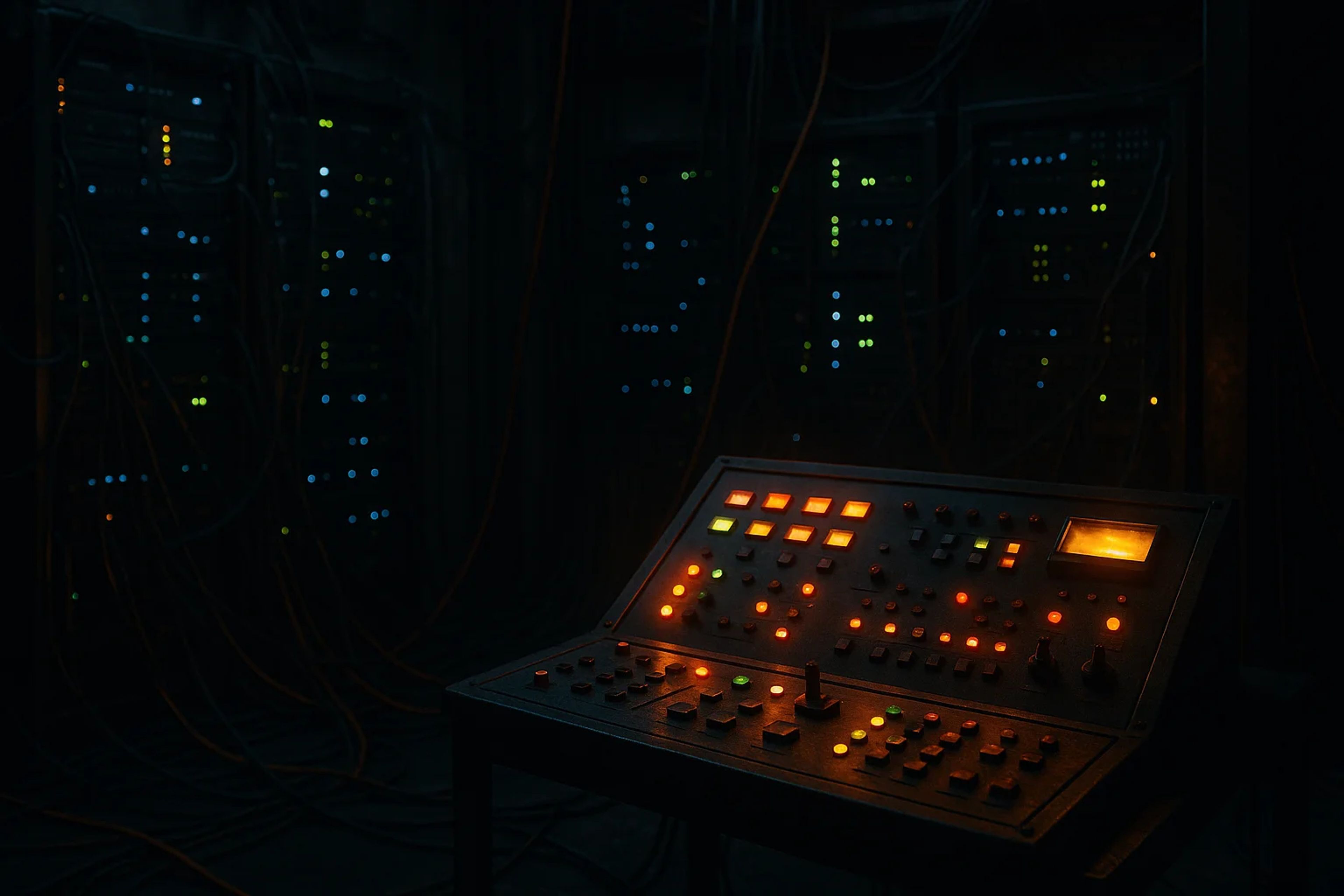 Dimly lit control panel with glowing buttons