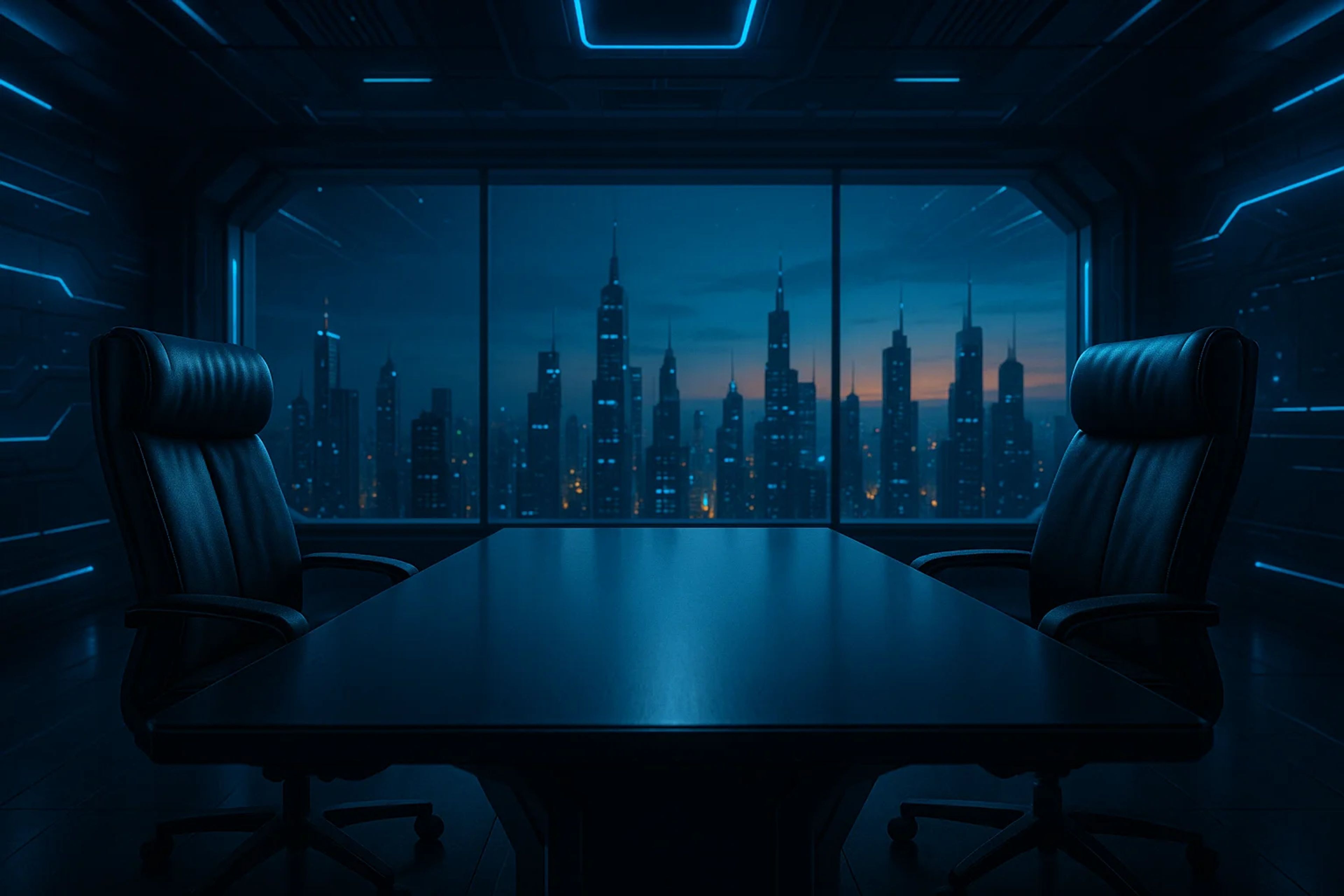 Dark conference room with a city skyline view