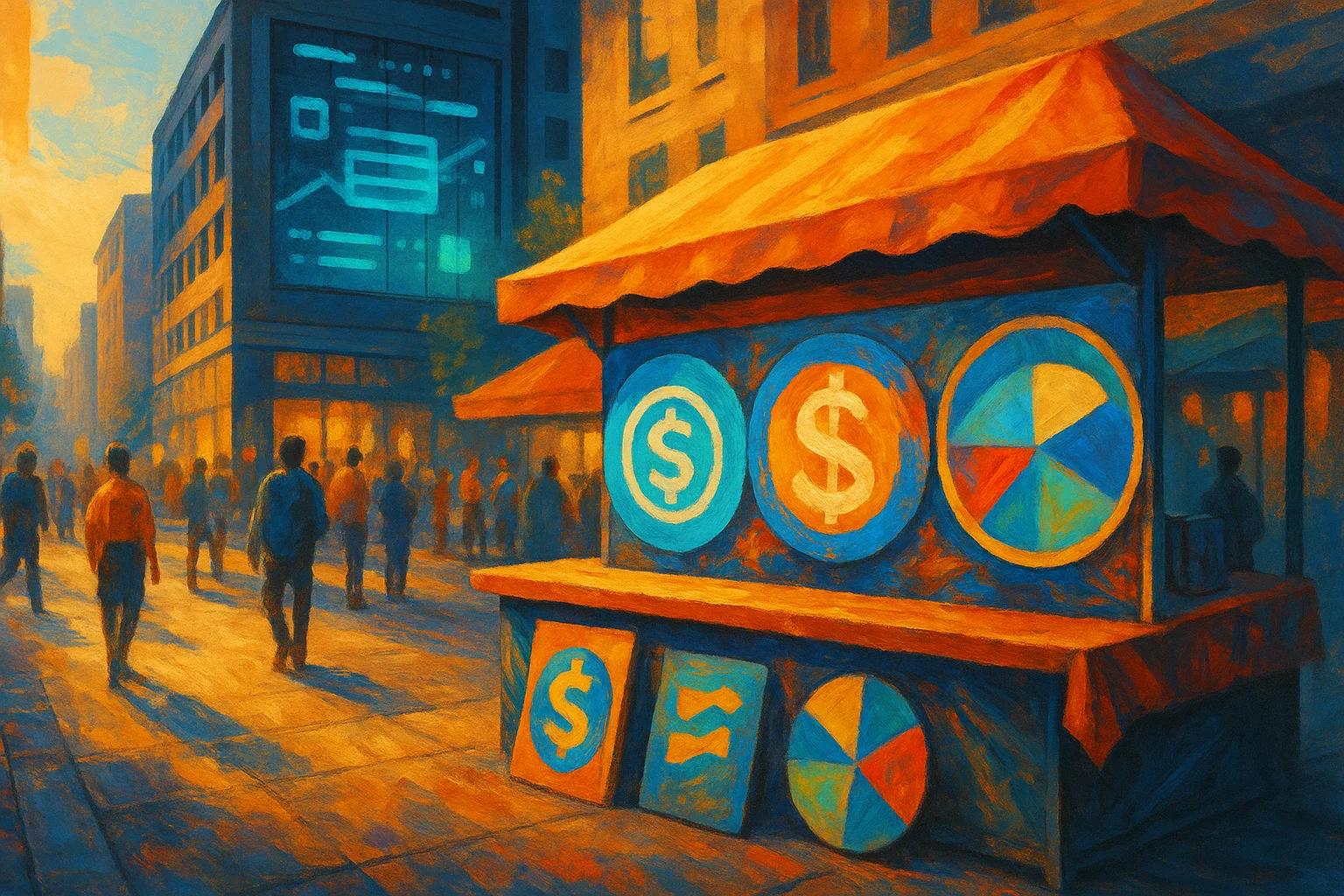 Colorful market stall with circular signs at