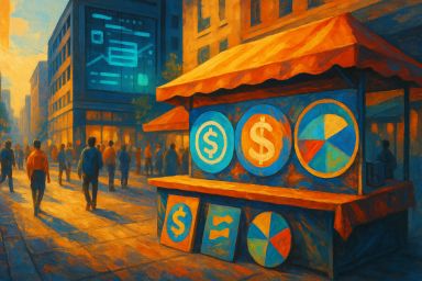 Colorful market stall with circular signs at