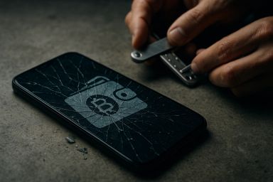 A cracked smartphone screen with a wallet icon