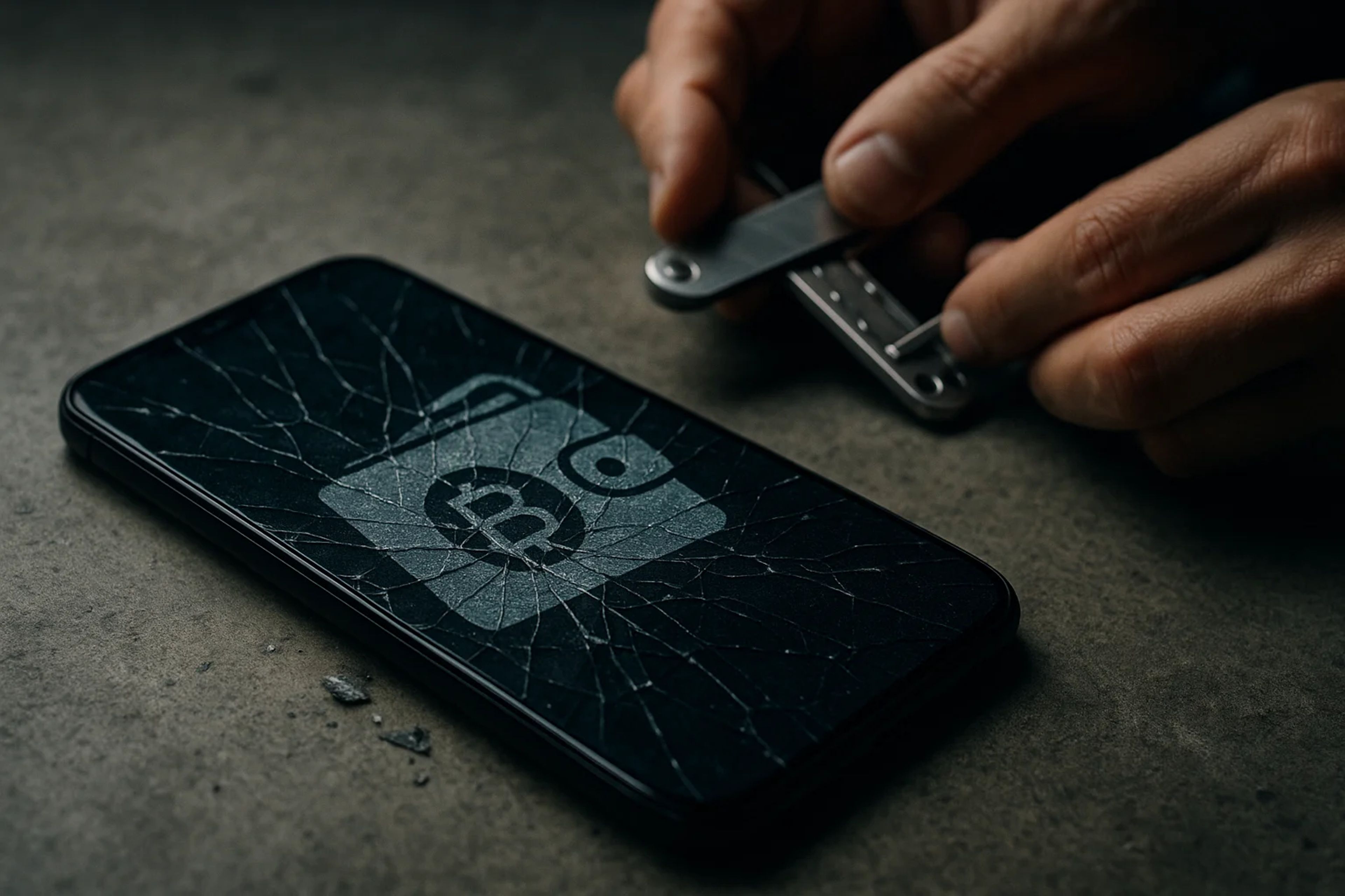 A cracked smartphone screen with a wallet icon