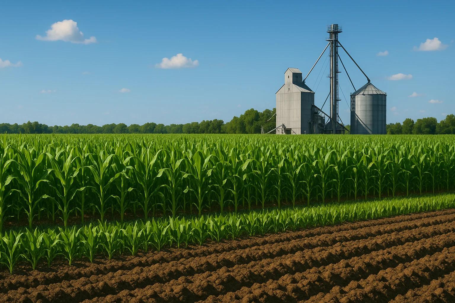 Lush green cornfield with silos in the background