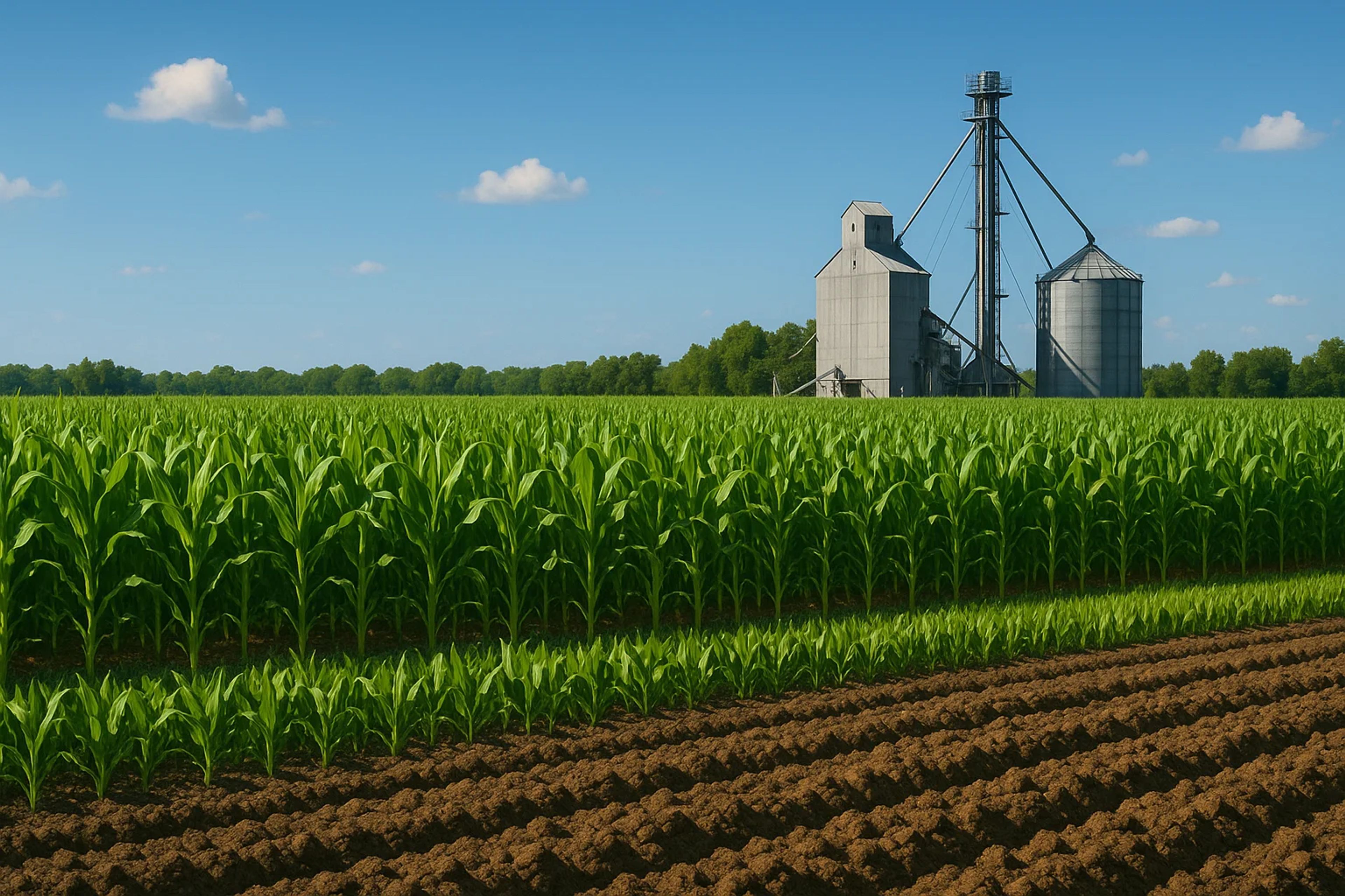 Lush green cornfield with silos in the background