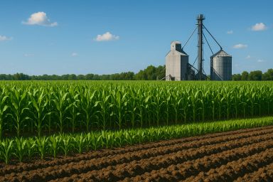 Lush green cornfield with silos in the background