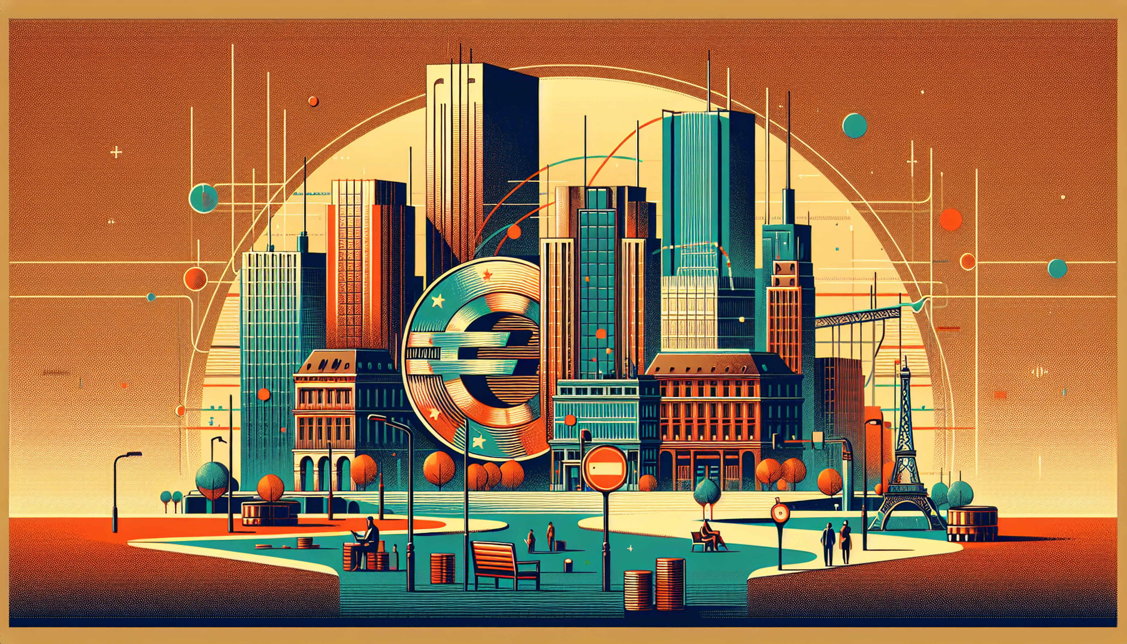 Stylized cityscape with modern buildings and a