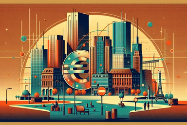 Stylized cityscape with modern buildings and a