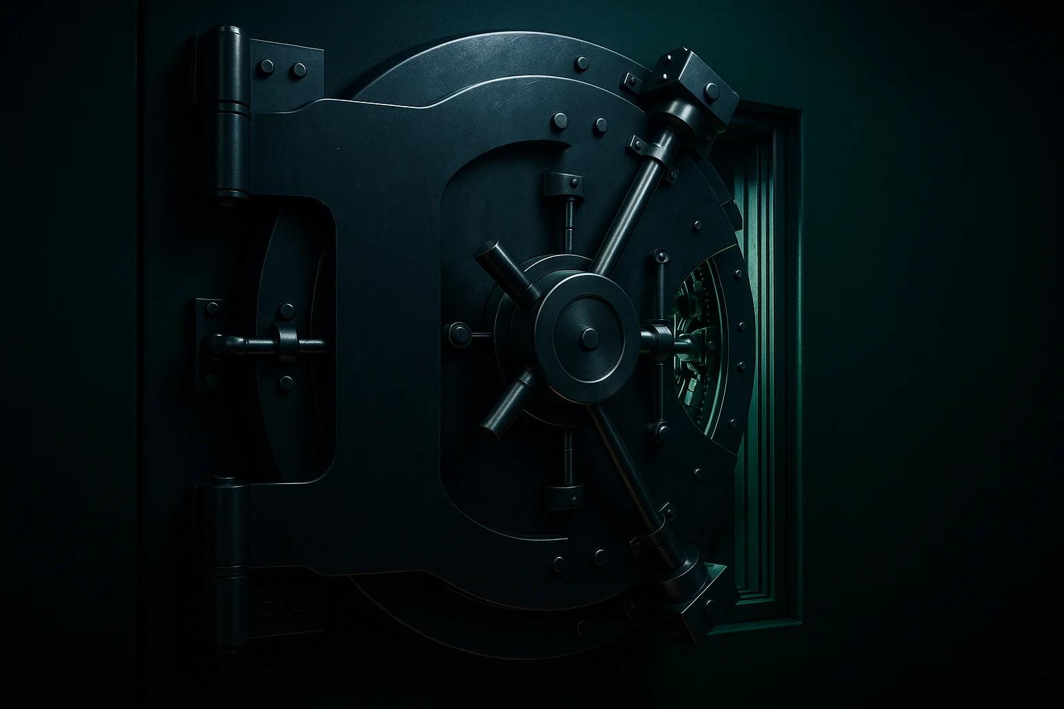 A large, dark vault door with a circular lock