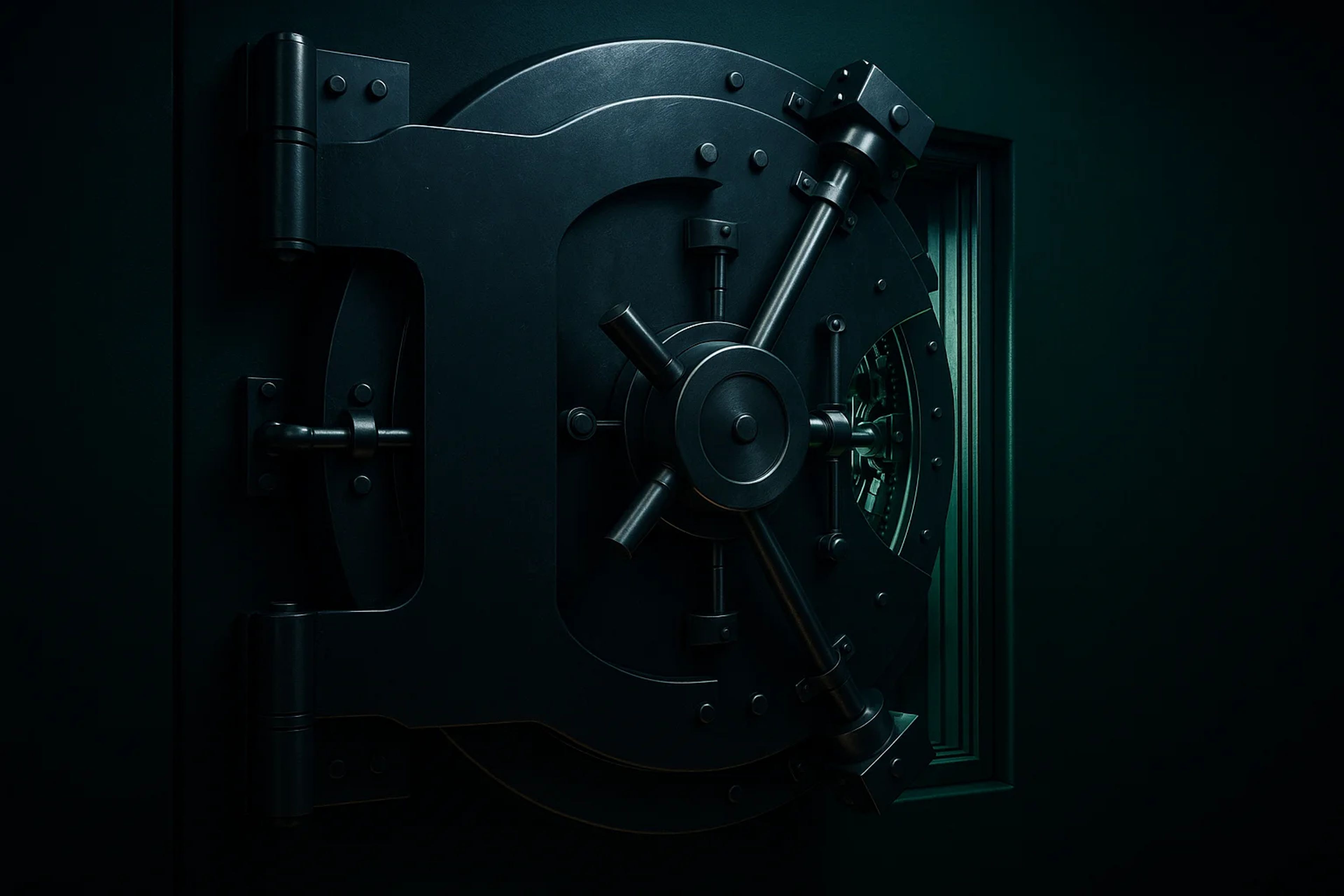 A large, dark vault door with a circular lock