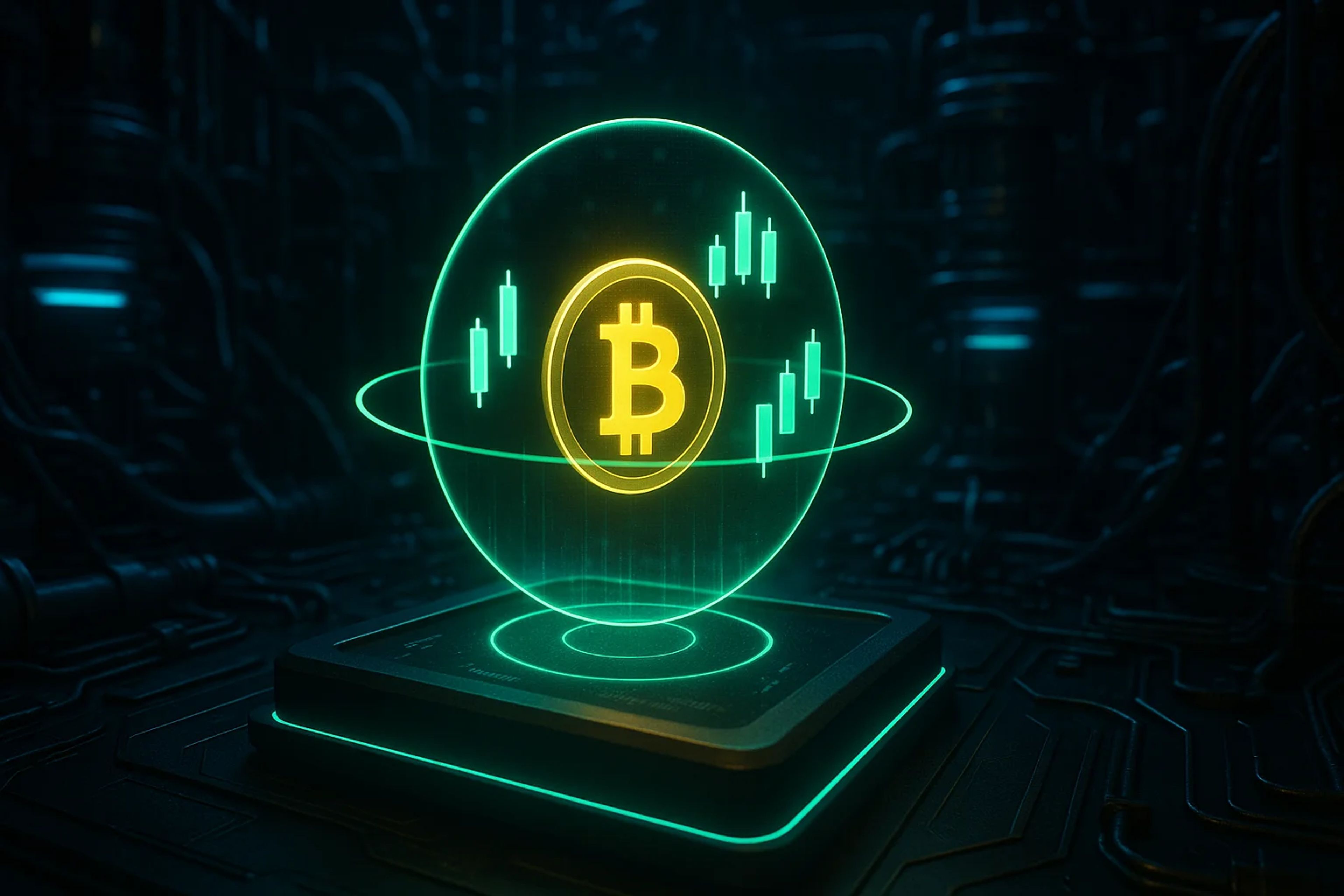 Glowing Bitcoin symbol surrounded by digital