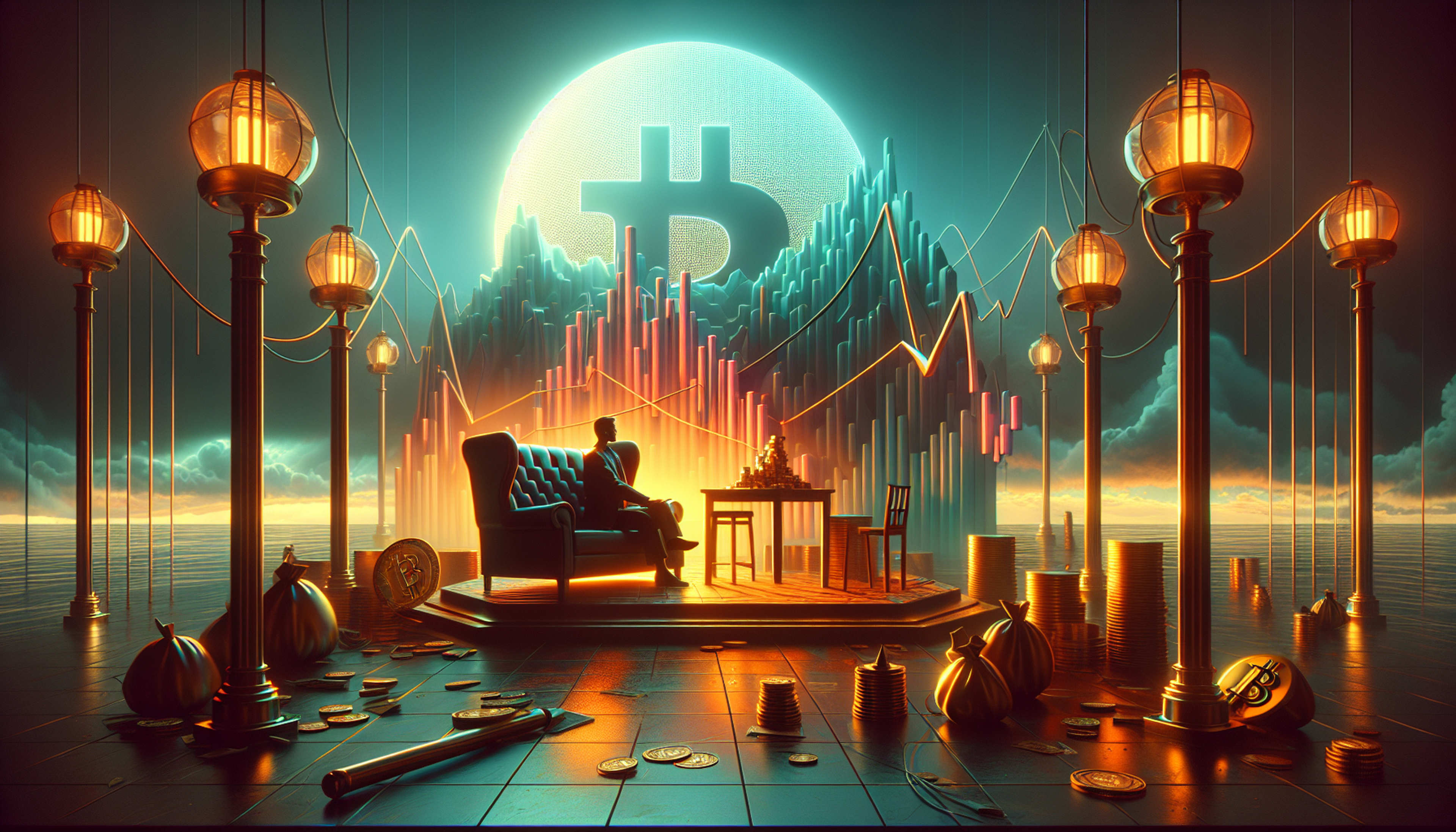 A futuristic scene with a figure sitting in a