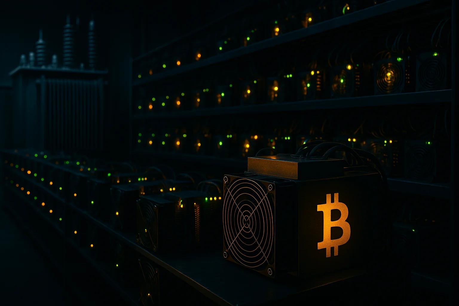 Dark room with illuminated Bitcoin mining