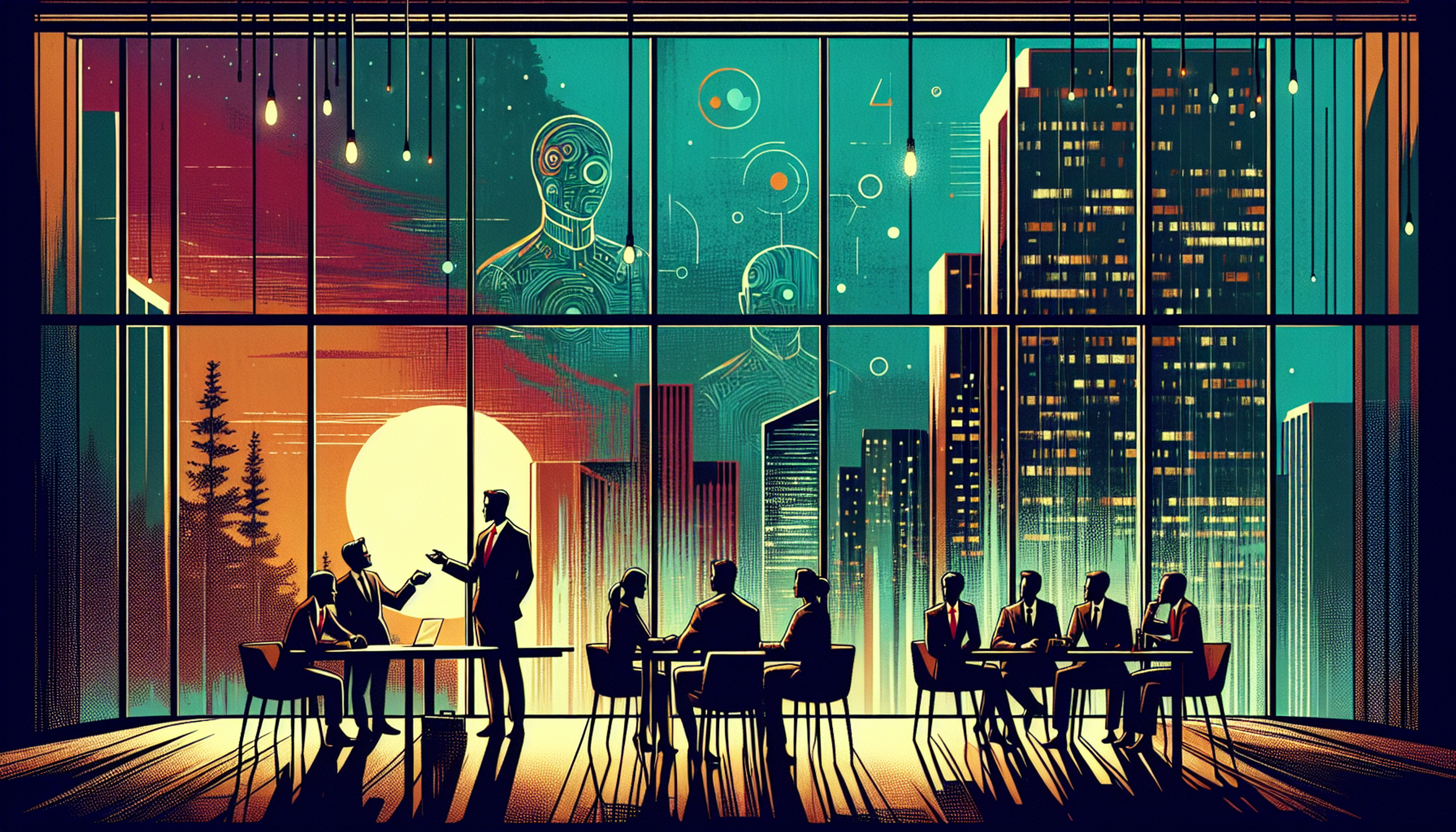 Silhouetted figures in a modern conference room