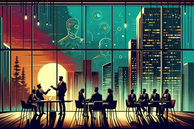 Silhouetted figures in a modern conference room