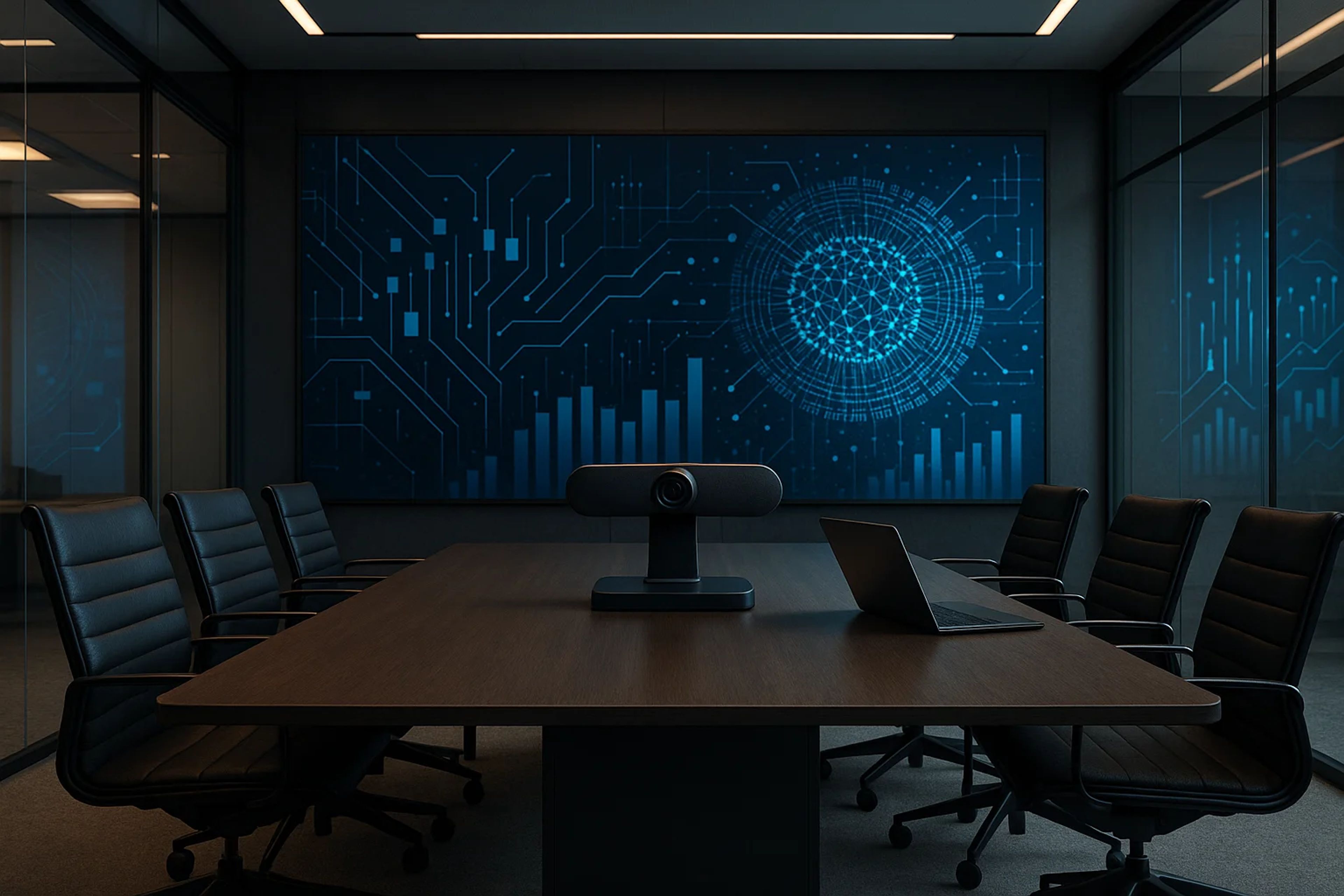 Modern conference room with a large screen and a