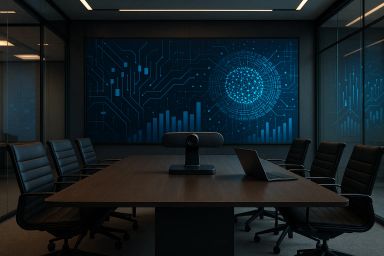 Modern conference room with a large screen and a