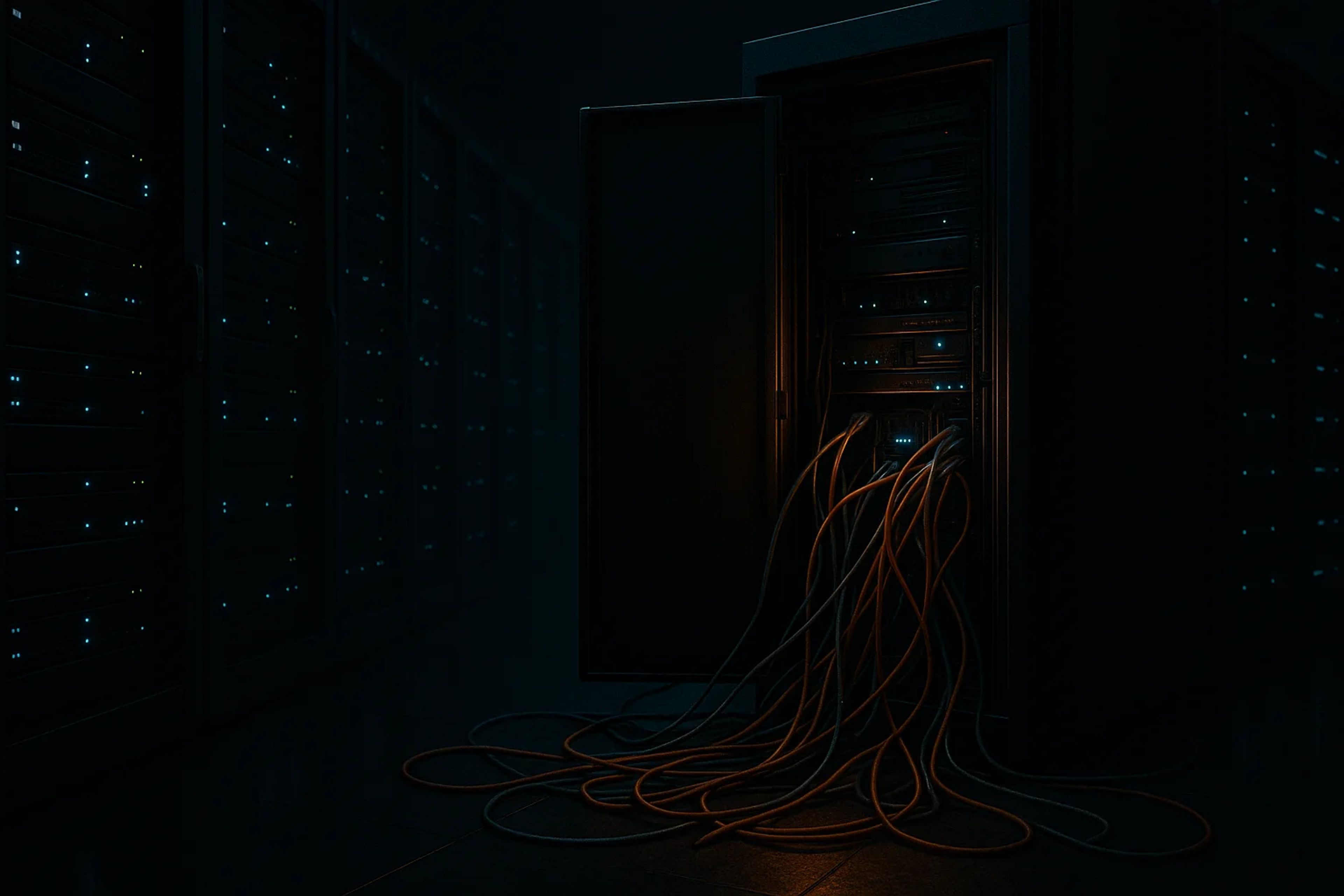 A dark server room with illuminated racks and