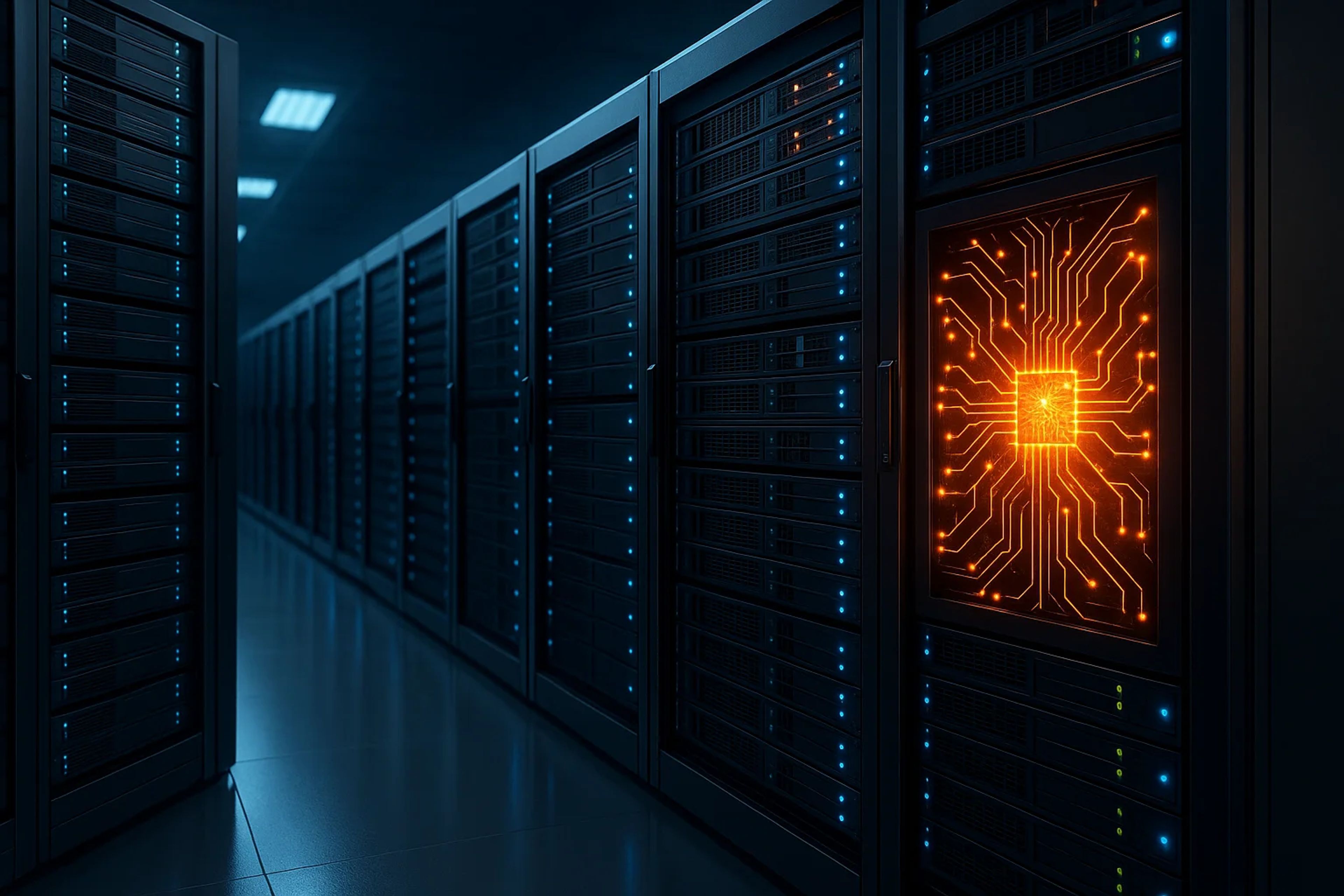 Dimly lit server room with glowing circuitry