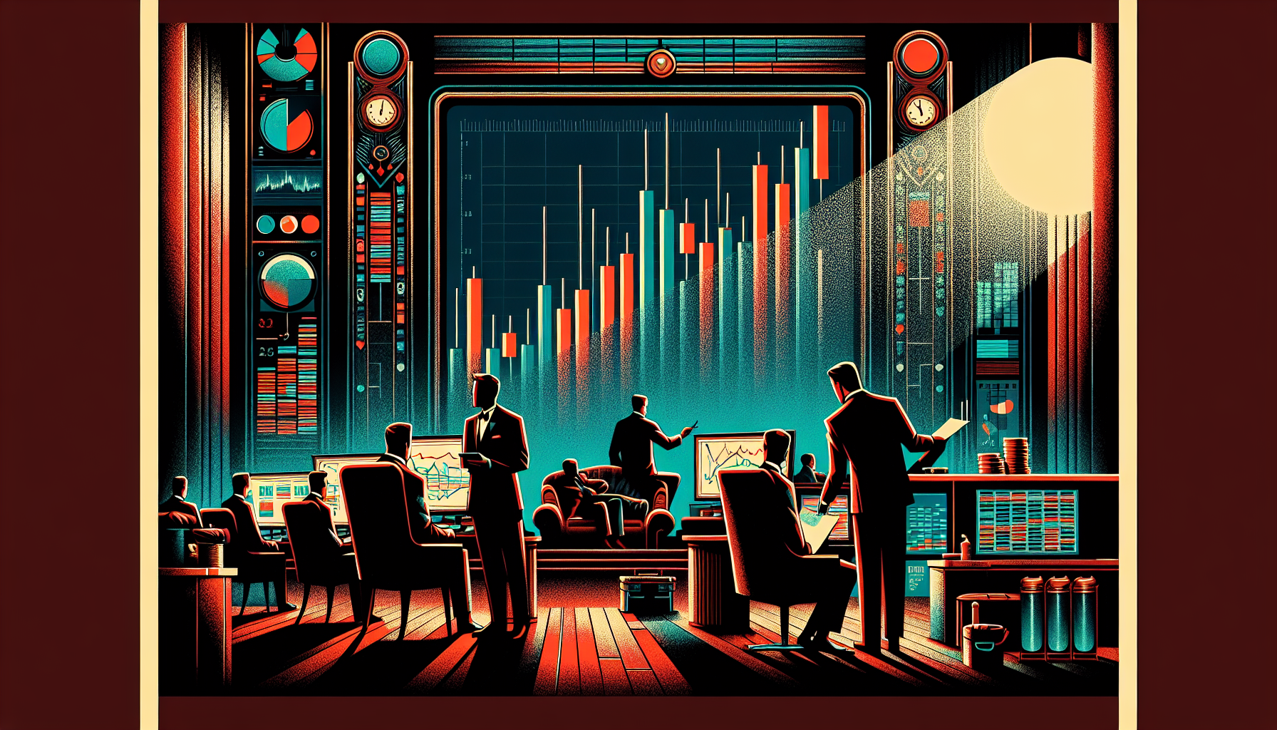 Stylized room with figures analyzing data charts