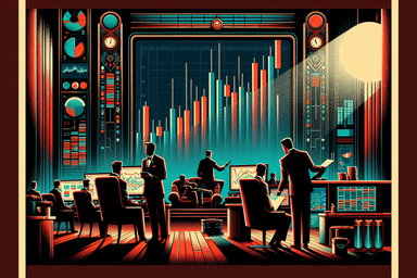 Stylized room with figures analyzing data charts
