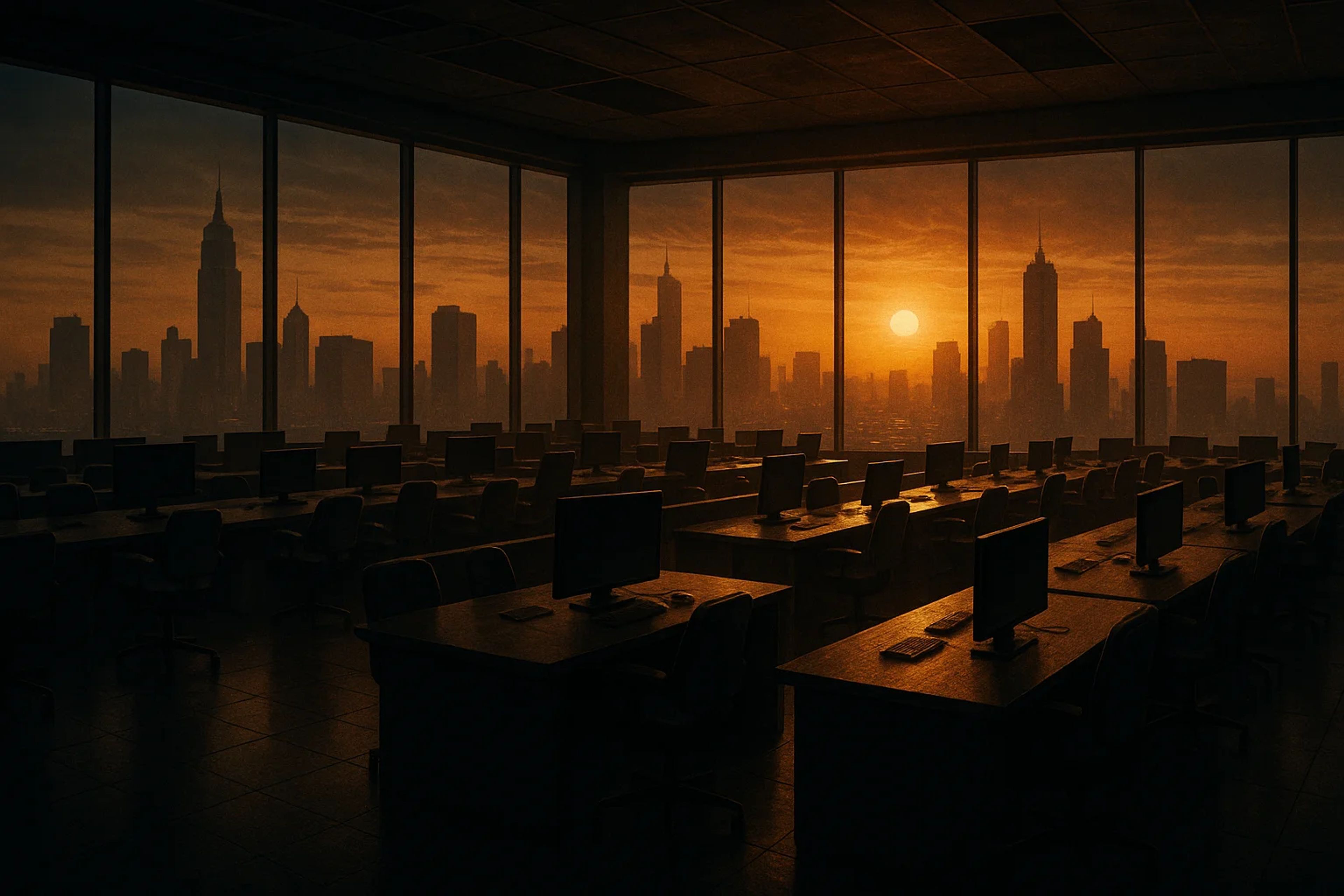 Silhouetted city skyline at sunset viewed from an