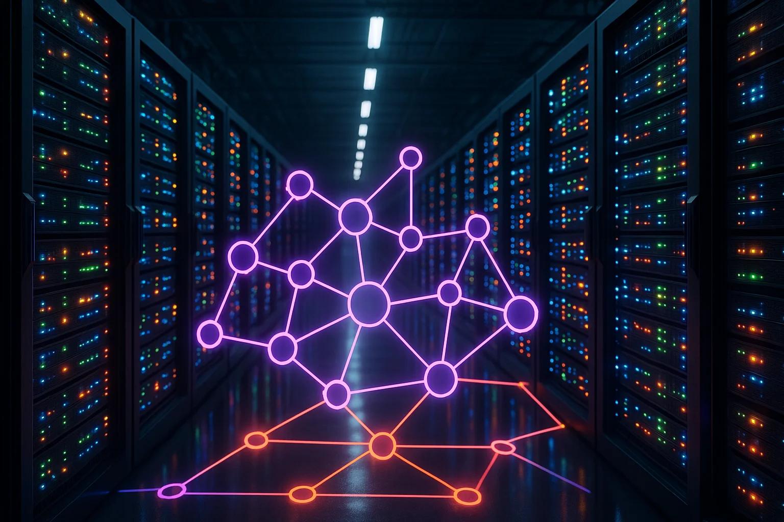 A dark server room with illuminated server racks