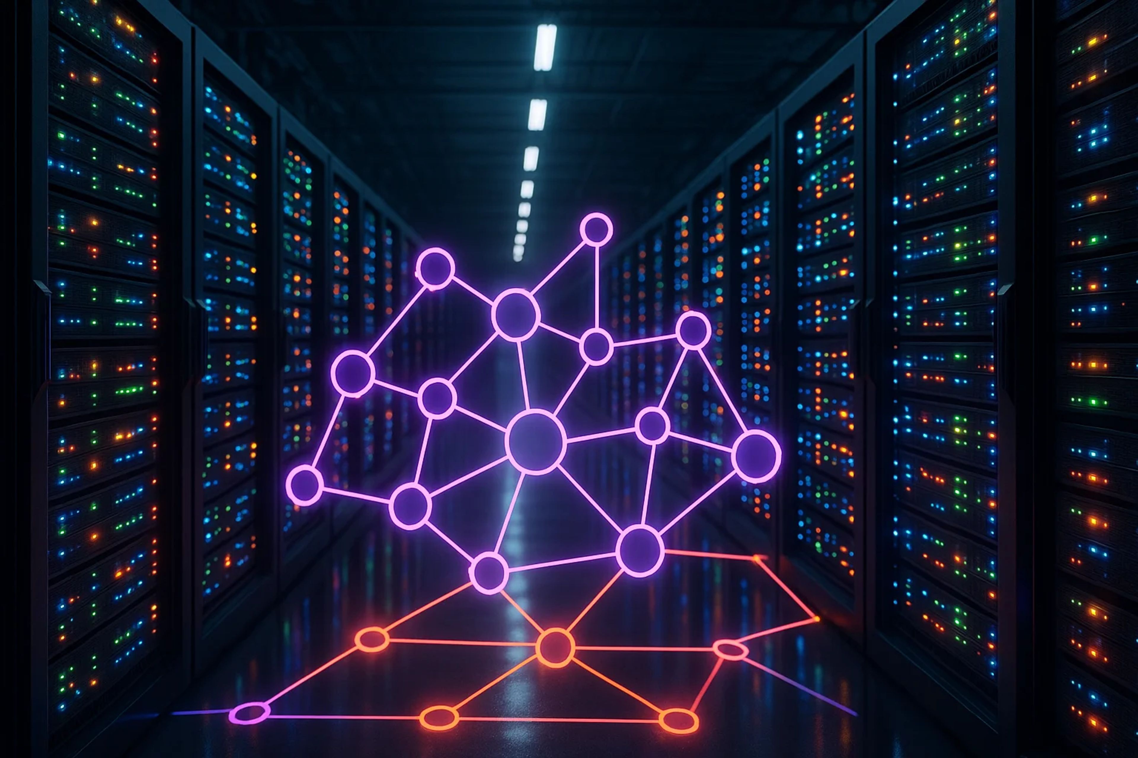A dark server room with illuminated server racks