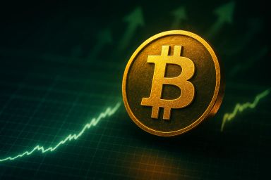 Golden Bitcoin coin with upward trend graph
