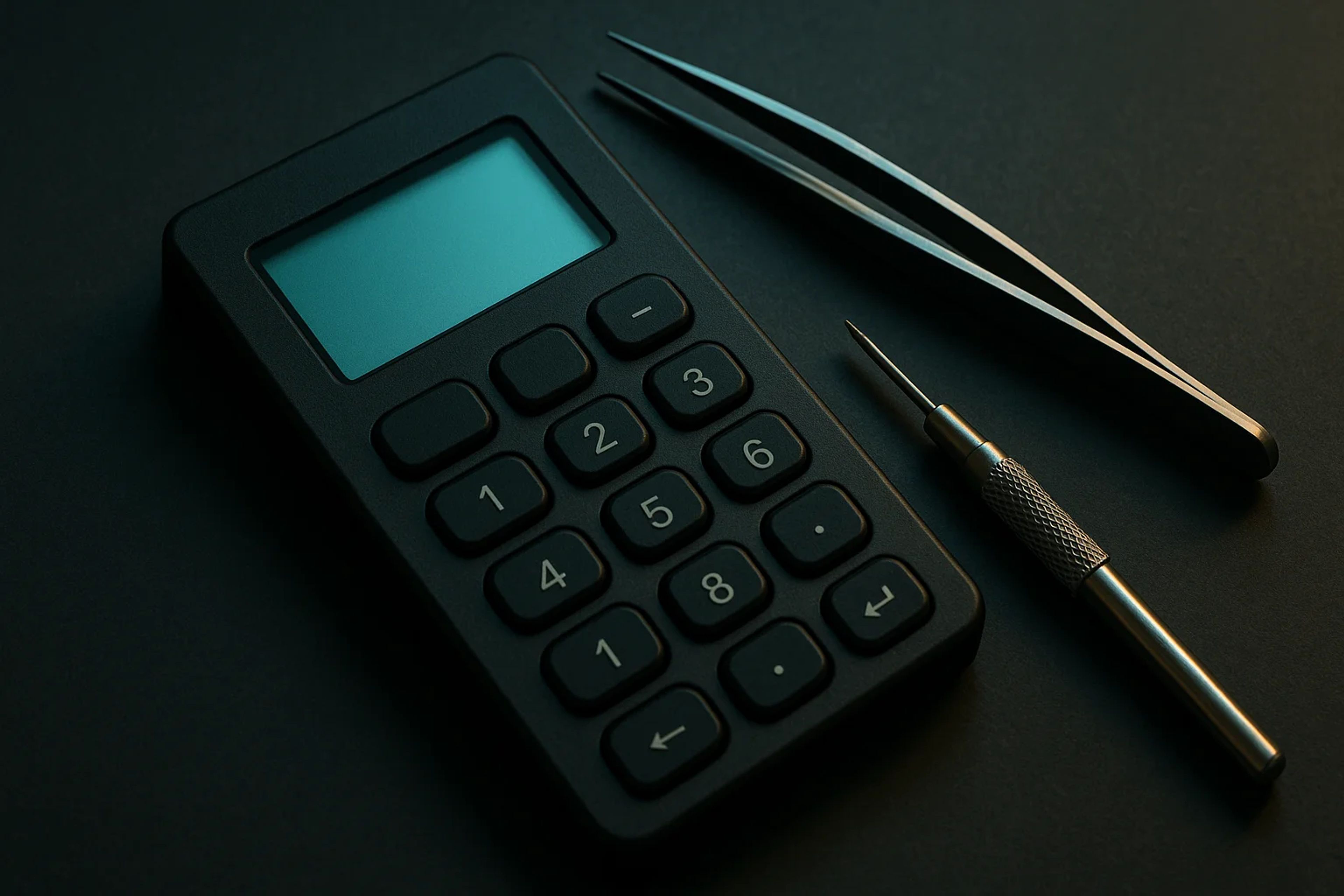 A calculator, tweezers, and a precision tool on a